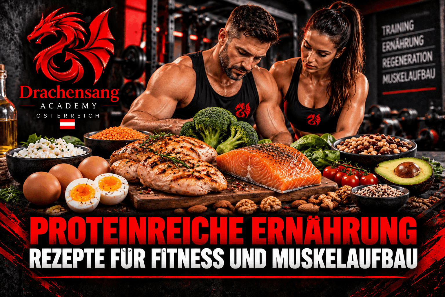 Proteinreiche Ernährung mit Hähnchen, Lachs, Eiern, Hülsenfrüchten und Gemüse für Fitness und Muskelaufbau – Drachensang Academy Österreich
