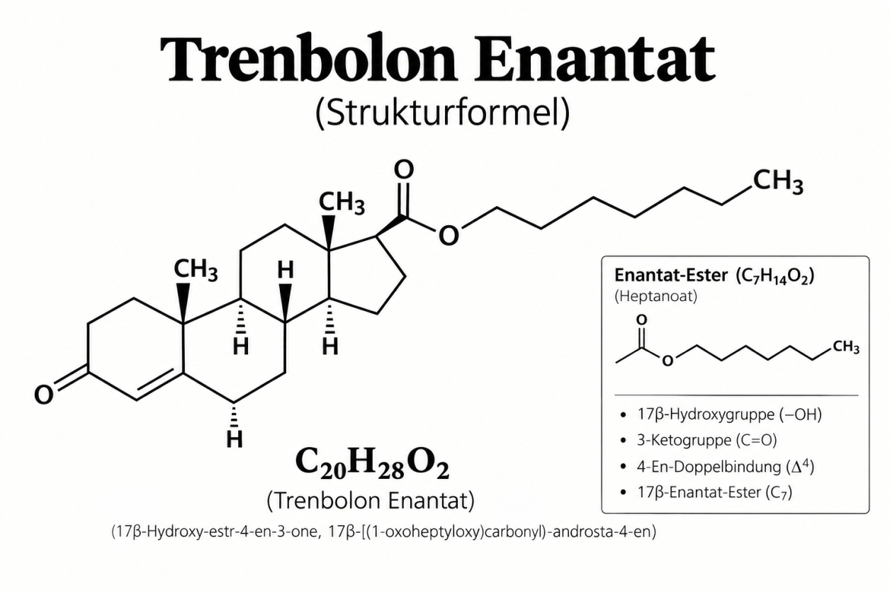 Strukturformel von Trenbolon Enantat, einem lang wirkenden Ester des anabolen Steroids Trenbolon.